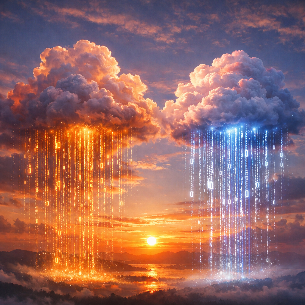 Two glowing clouds raining streams of orange and blue digital binary code at sunset